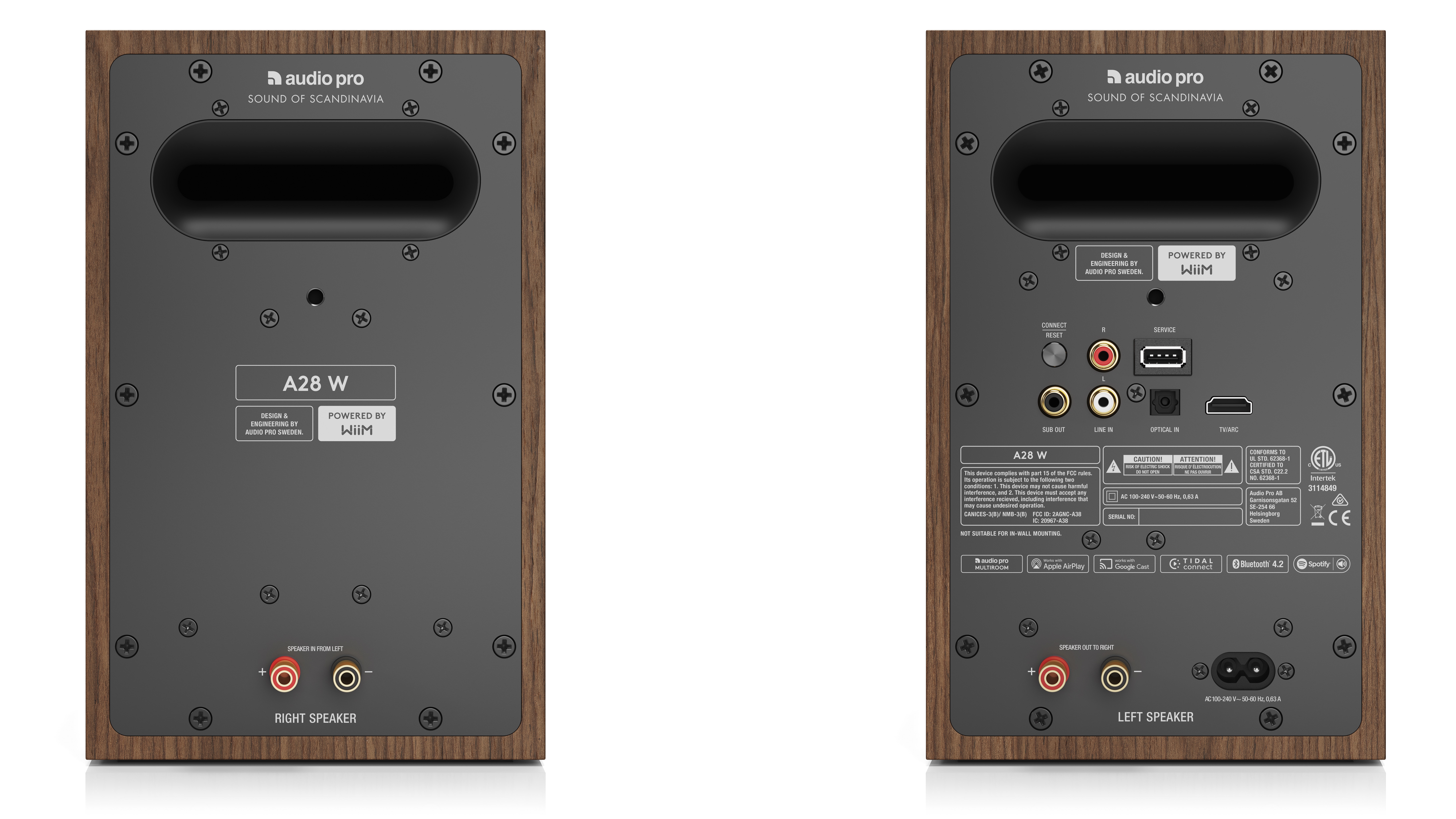 Rear panel of Audio Pro A28 W speakers in walnut