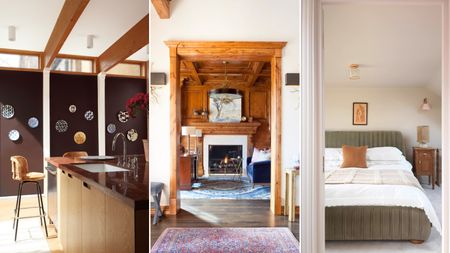 We love the brown trend. Here are three pictures of this - a kitchen with dark brown panels and kitchen island with rattan seats, a wooden door frame with a fireplace, blue couch, and blue rug, and a bedroom with taupe walls, a gray velvet bed, and white sheets