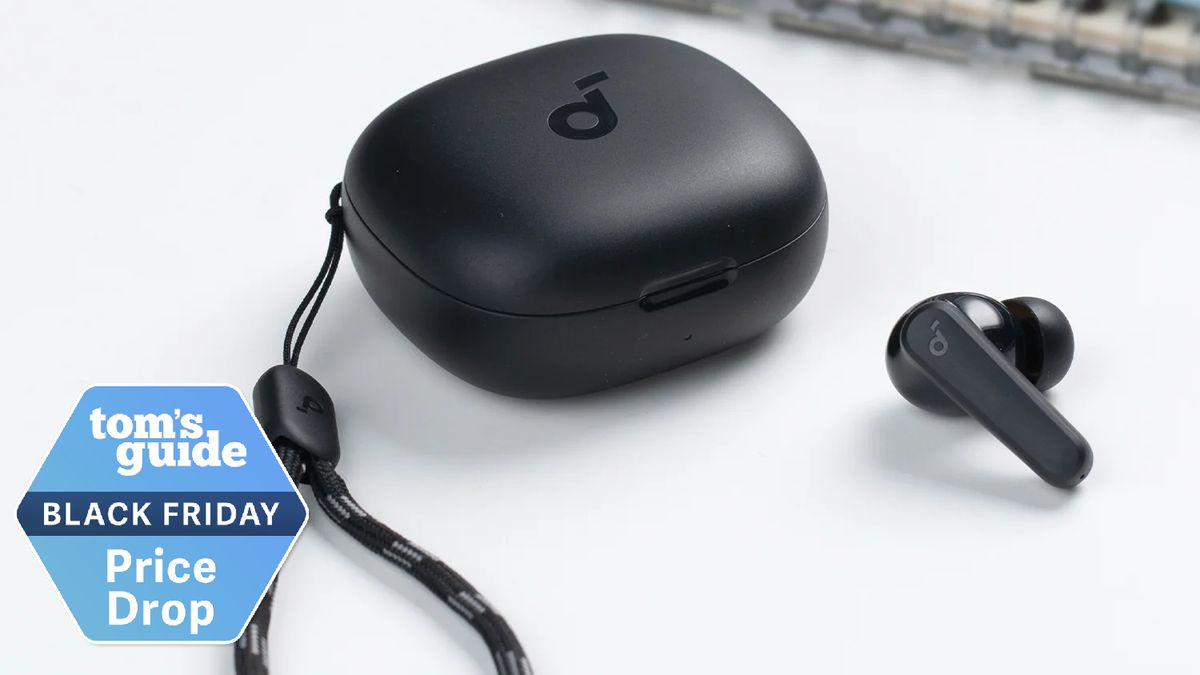 Anker Soundcore P20i black wireless earbud and charging case, with the Tom&#039;s Guide Black Friday price drop badge overlaid