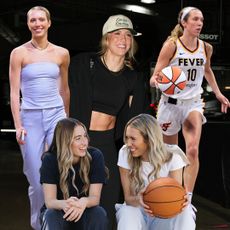 A collage showcasing photos of Indiana Fever and Rose Basketball Club player Lexie Hull in the WNBA tunnel, on the court, and in a campaign with Athleta co-starring Kate Martin.