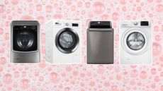 A collage of the quietest washing machines from LG, Bosch and Samsung on pink bubble background