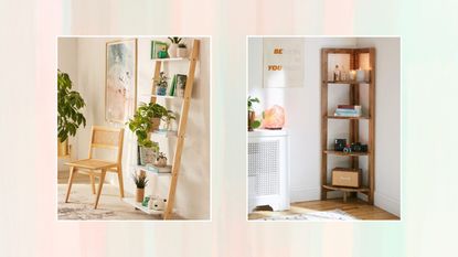 Two pictures of bookshelves on a pink and green background