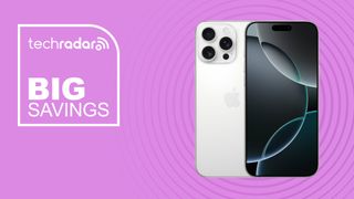 Apple iPhone 16 Pro on purple background with big savings text overlay