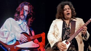 LEFT: Eric Clapton with Cream at the L.A. Forum in Inglewood in 1968 on their last US tour. RIGHT: Leslie West of West, Bruce & Laing performs on stage in 1973 in Copenhagen, Denmark. He plays a Gibson Flying V guitar.