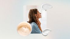 Vertical rectangular image of a side view of a woman massaging her neck, surrounded by two product swatches and a bird's eye view of a face cream on the frame, against a pink and blue ombré-style background