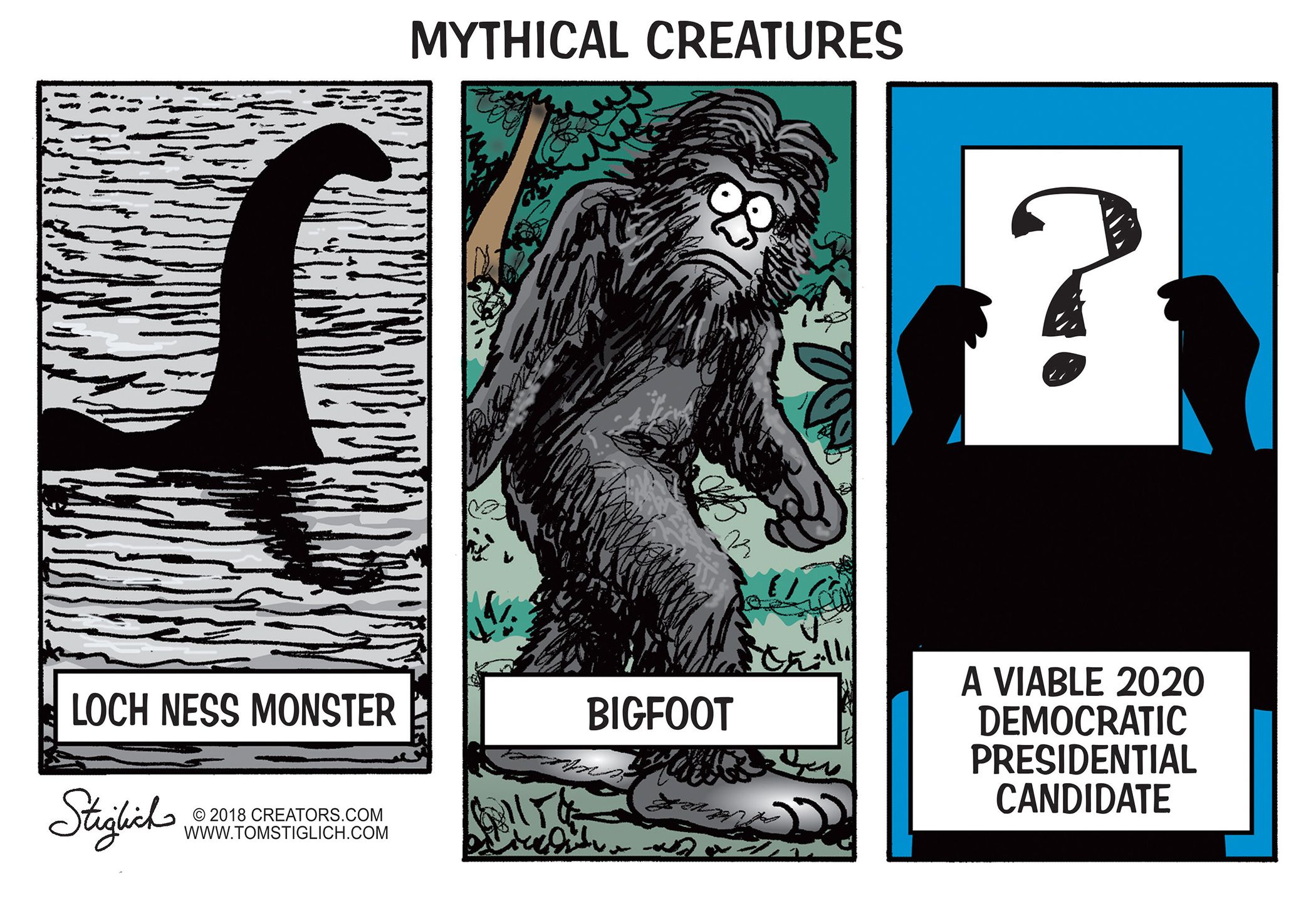 Political cartoon U.S. mythical creatures loch ness monster bigfoot ...