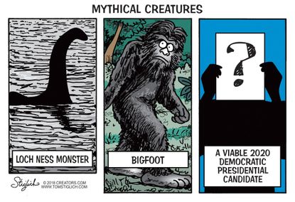Political cartoon U.S. mythical creatures loch ness monster bigfoot viable 2020 Democratic presidential candidate