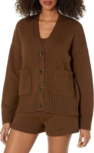 The Drop, The Drop Women's Brigitte Chunky Button Front Pocket Ribbed Cardigan, Coffee Bean, Xl