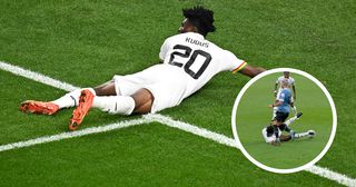 Mohammed Kudus reacts after being fouled by Uruguay's goalkeeper #23 Sergio Rochet (not seen) during the Qatar 2022 World Cup Group H football match between Ghana and Uruguay at the Al-Janoub Stadium in Al-Wakrah, south of Doha on December 2, 2022.