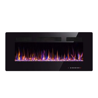 A black glass fireplace insert with purple and orange flames
