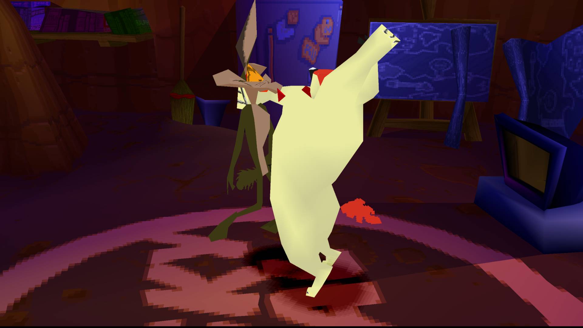 Gameplay cutscene of Sheep, Dog, N' Wolf featuring Sam Sheepdog about to hit Ralf Wolf over the head.