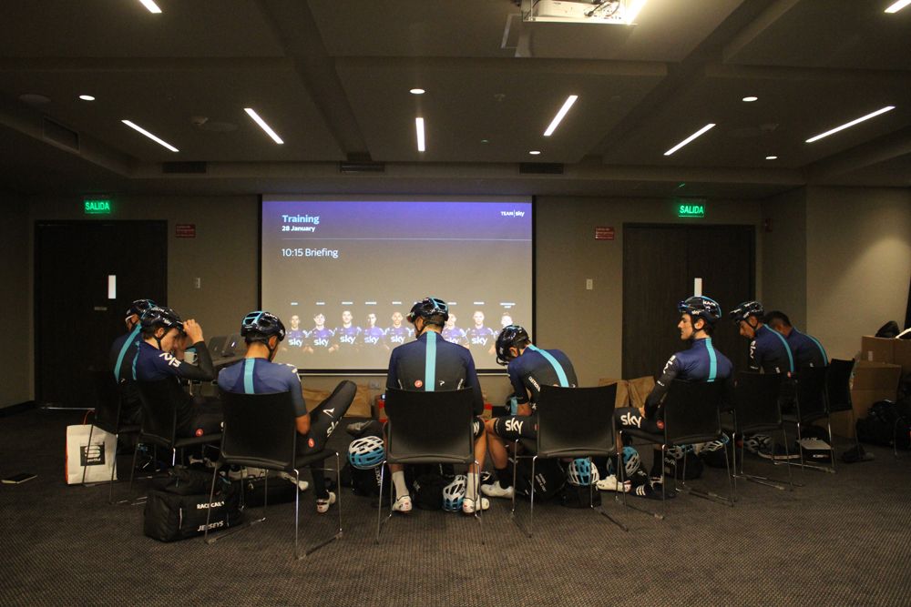 The riders gather for the pre-session briefing