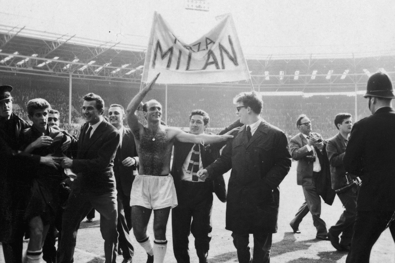 AC Milan players and fans celebrate their European Cup final win over Benfica at Wembley in May 1963.