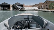 Porsche boat approaches Gateway to Venice's Waterway installation