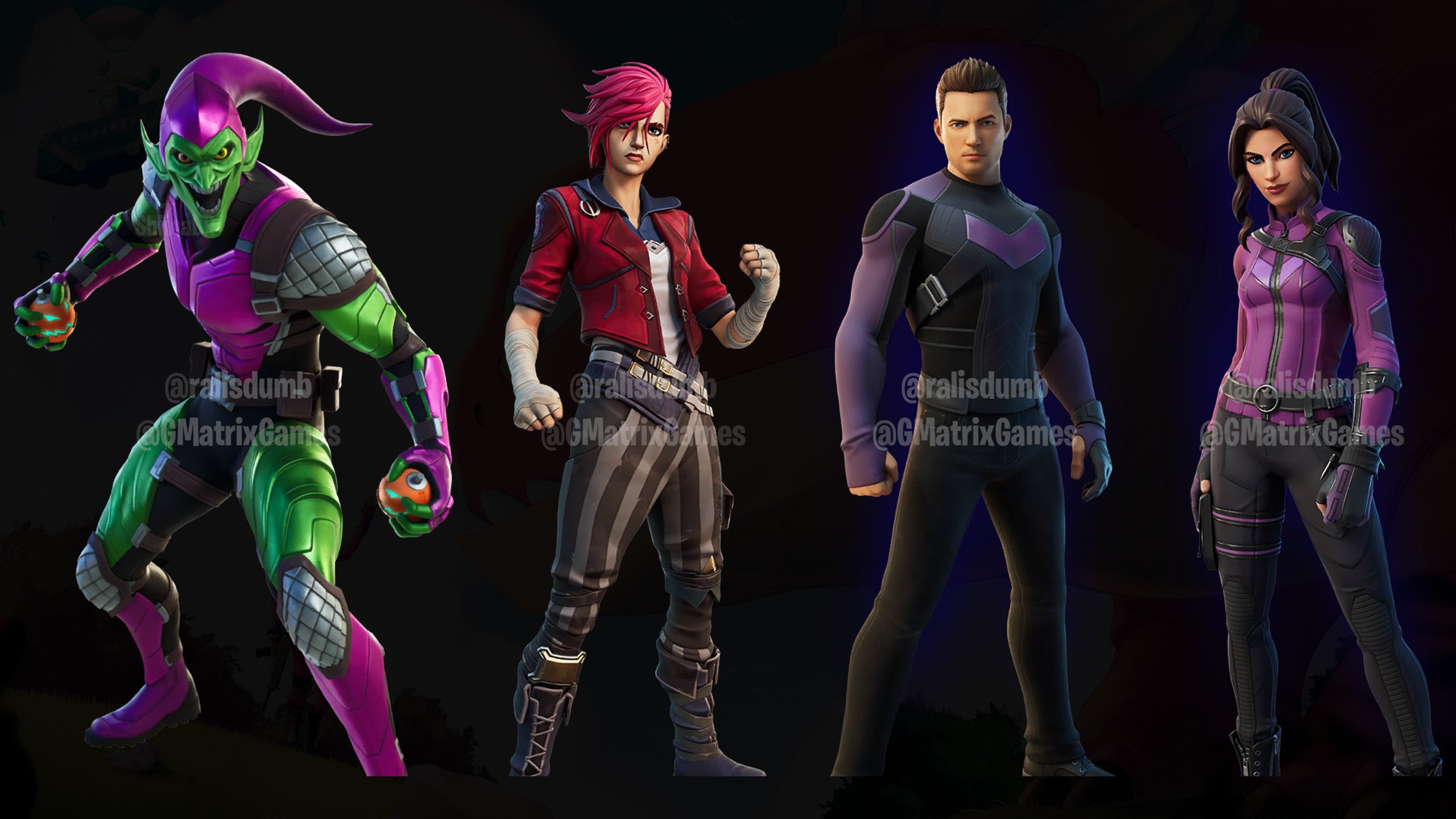 Green Goblin Fortnite Skin next to Vi, Hawkeye and Kat Bishop