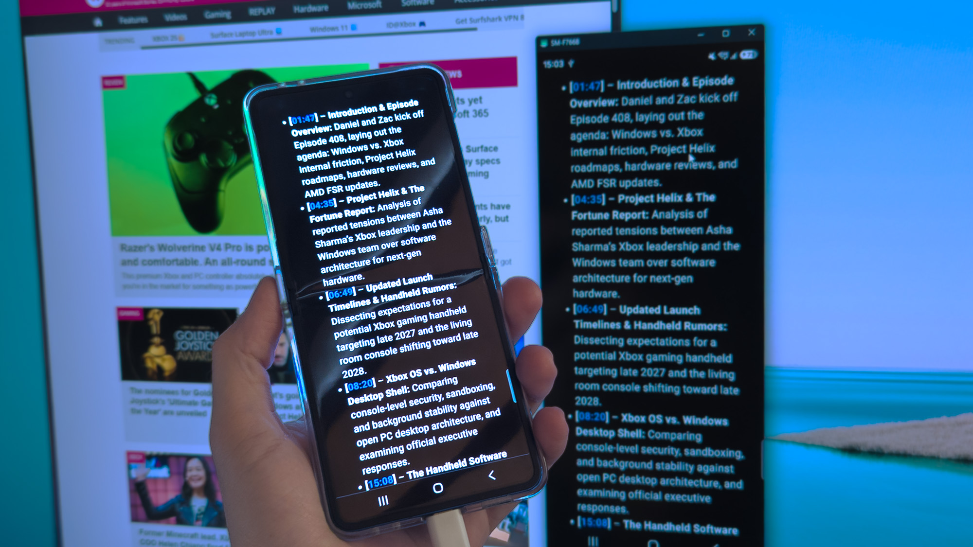 Samsung Galaxy Z Flip 7 with contents mirrored on a Windows desktop