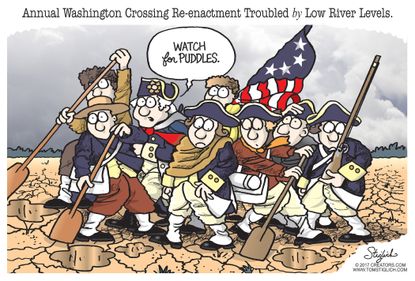 Political cartoon U.S. Washington crossing river Christmas climate change