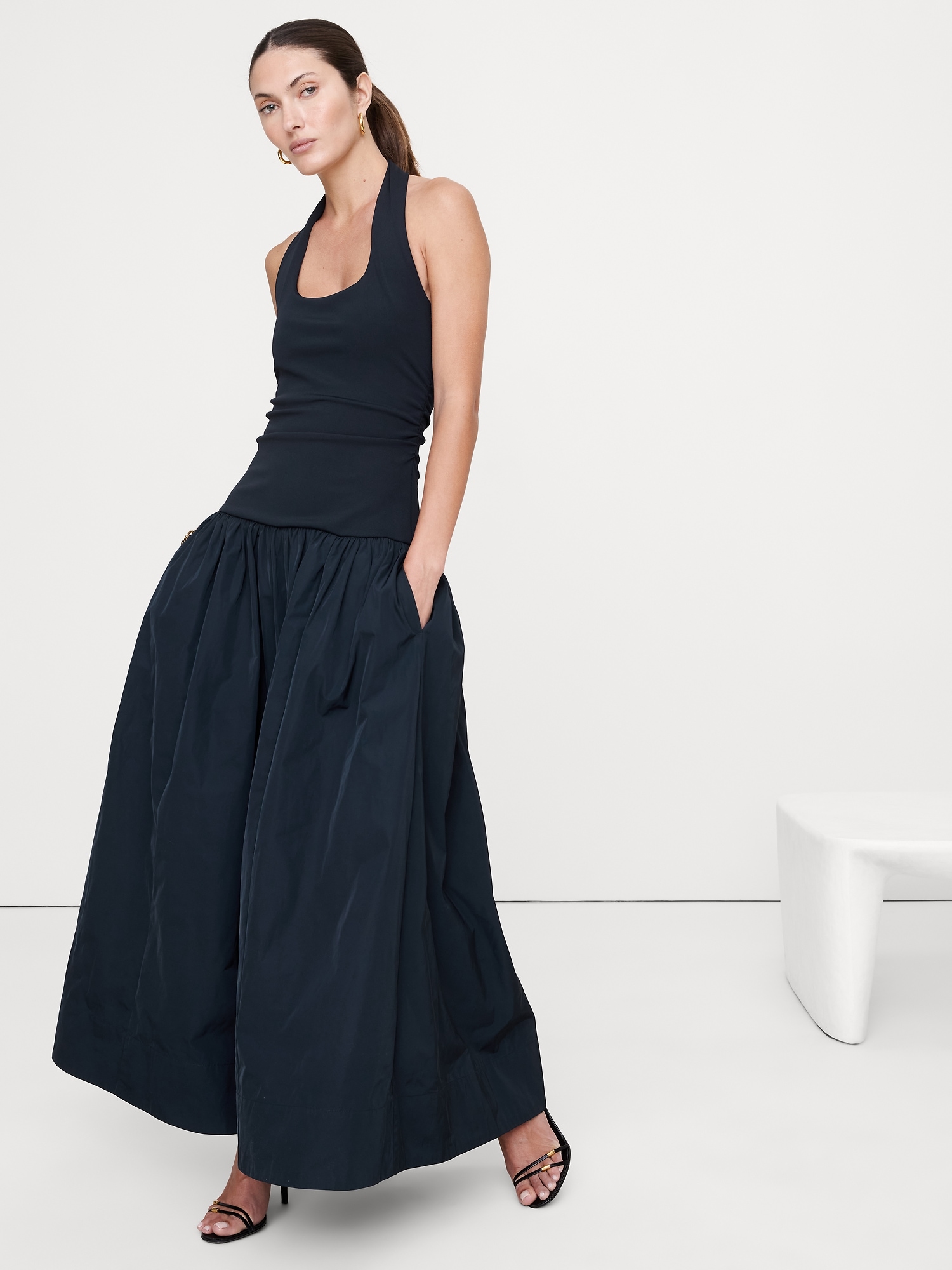 Jersey &amp;amp; Taffeta Halter Maxi Dress