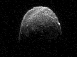 This radar image of asteroid 2005 YU55 was obtained on Nov. 7, 2011, at 11:45 a.m. PST (2:45 p.m. EST/1945 UTC), when the space rock was at 3.6 lunar distances, which is about 860,000 miles, or 1.38 million kilometers, from Earth.