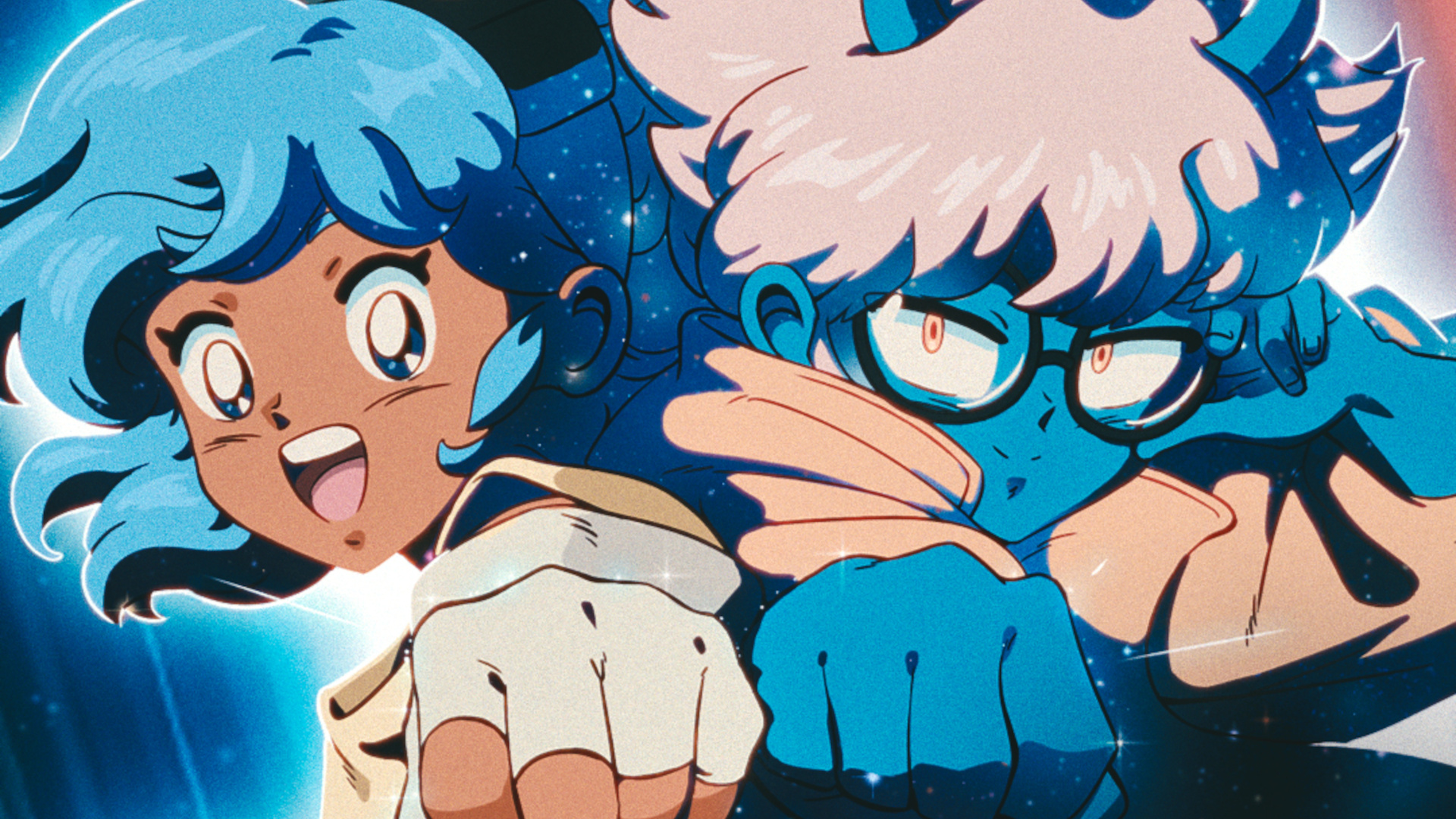 A crop of Orbitals key art showing Maki and Omura standing back to back in a space environment cropped for a header image