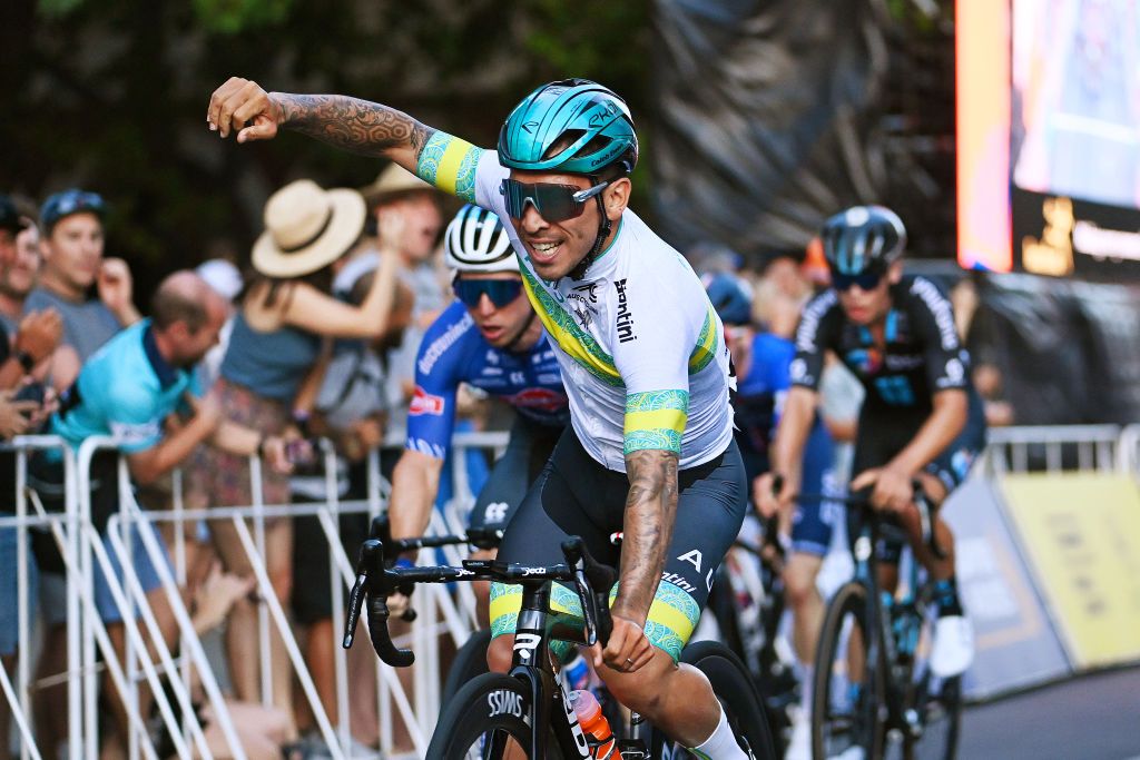 ADELAIDE AUSTRALIA JANUARY 14 Caleb Ewan of Australia and Australian National Team celebrates at finish line as race winner during the 23rd Santos Tour Down Under 2023 Schwalbe Classic Mens Elite TourDownUnder on January 14 2023 in Adelaide Australia Photo by Tim de WaeleGetty Images