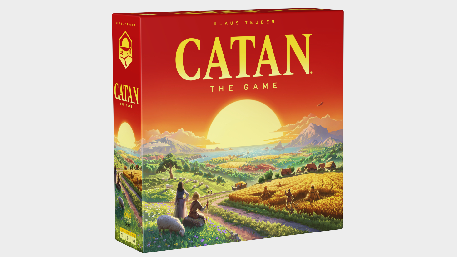 Catan sixth edition box on a plain background