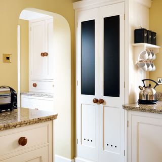 kitchen room with yellow wall and white cupboard