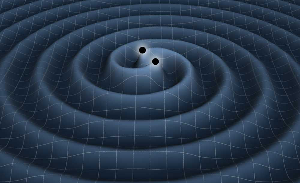 This artist&#039;s illustration depicts the creation of gravitational waves from two orbiting black holes as ripples in space-time. In March 2014, astronomers announced the first detection of long-sought gravitational waves, though some critics now say the fin