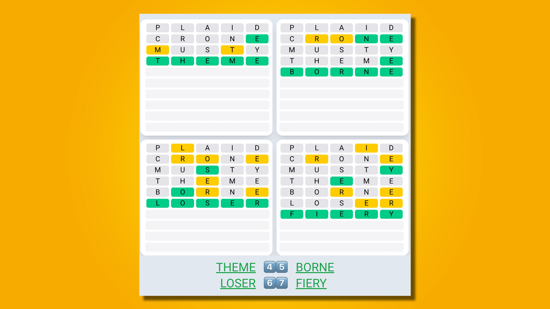 Quordle Daily Sequence answers for game 513 on a yellow background