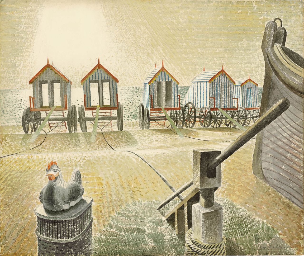 Ghost beach: there is no sign of holidaymakers as Nature reclaims the landscape in Eric Ravilious’s Aldeburgh Bathing Machines, 1938. Photo © Christie&#039;s Images/Bridgeman Images