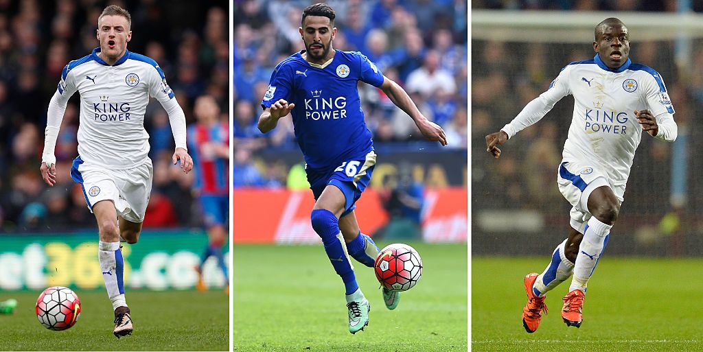  Leicester&amp;#039;s Jamie Vardy, Riyad Mahrez and N&amp;#039;Golo Kante.