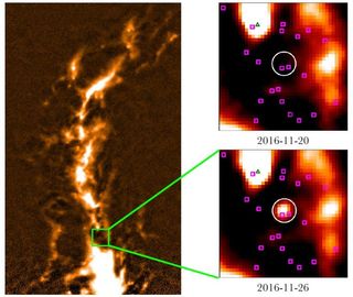 The green square (image on the left) shows the region of the Orion nebula where an intensely powerful solar flare took place. On Nov. 20, 2016, the James Clerk Maxwell Telescope Transient Survey Team recorded no flare (top right image); six days later, a bright burst of plasma and radiation had blasted from the same spot and was already dimming from its most peak brightness (bottom right image).