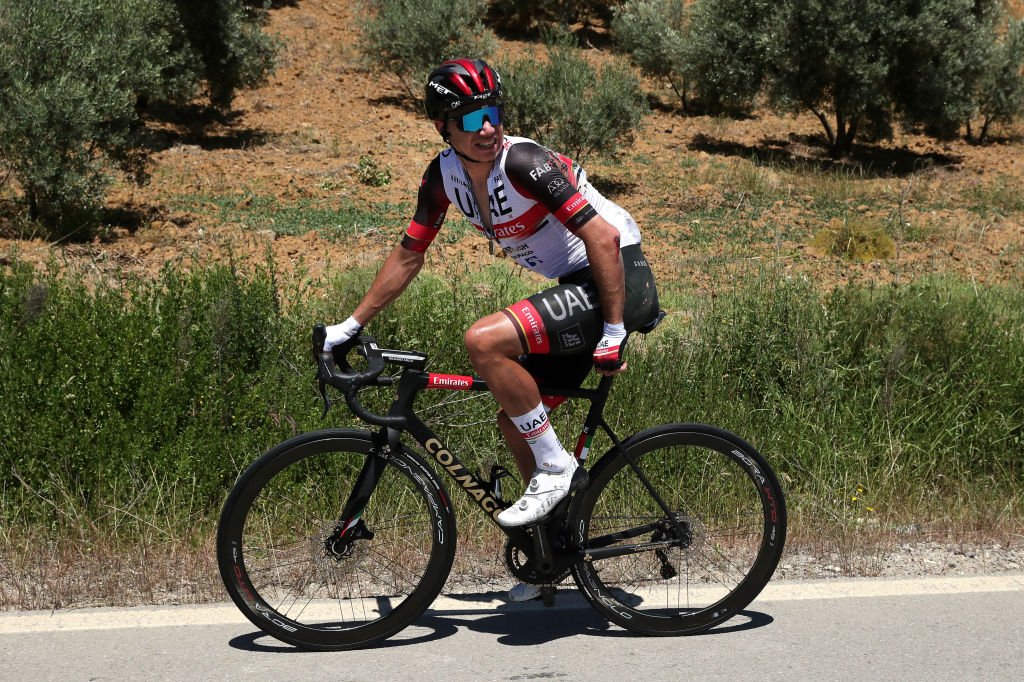 ZAHARA DE LA SIERRA SPAIN MAY 18 Rui Oliveira of Portugal and UAE Team Emirates involved in a crash during the 67th Vuelta A Andalucia Ruta Del Sol 2021 Stage 1 a 1521km stage from Mijas to Zahara de la Sierra 441m Injury VCANDALUCIA on May 18 2021 in Zahara de la Sierra Spain Photo by Gonzalo Arroyo MorenoGetty Images
