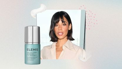 Rochelle Humes pictured with a short brunette bob and bangs, wearing a beige shirt, on a pastel watercolour background with Elemis Pro-Collagen Eye Treatment and product swatches