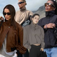 Woman in tan funnel-neck leather jacket and white jeans