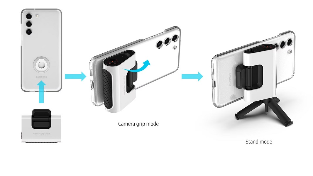 Samsung's new Camera Grip Stand holding a Galaxy S23.