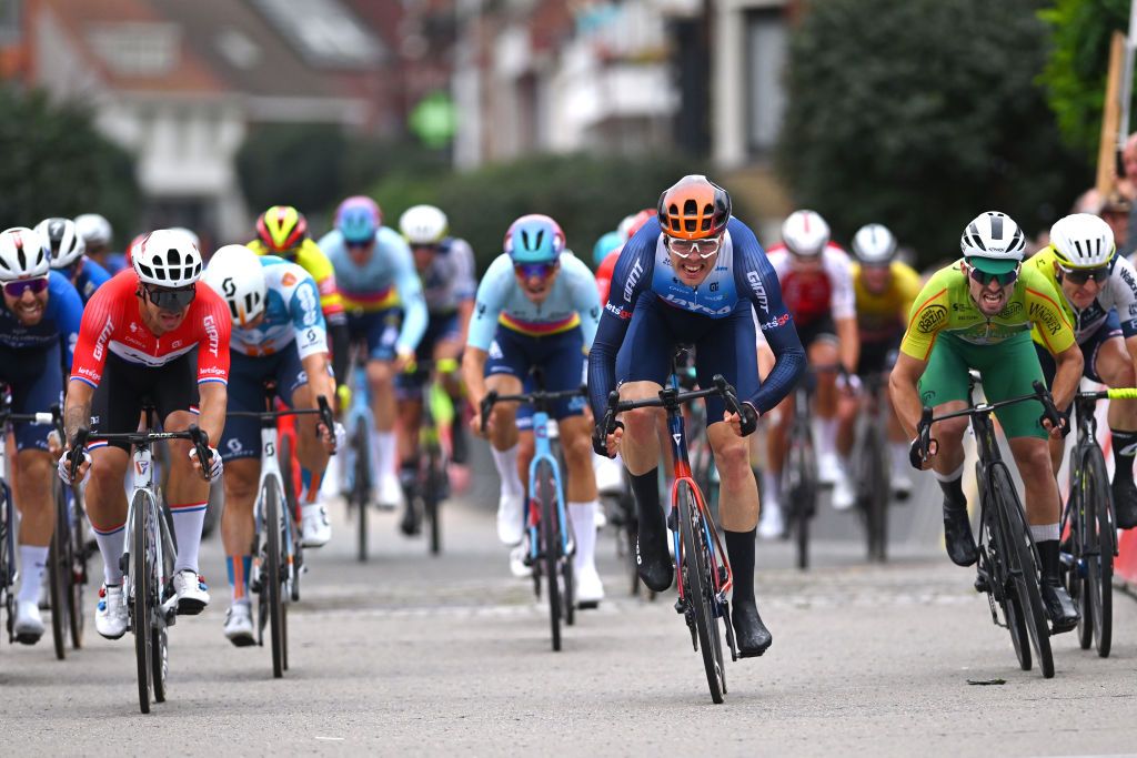 LICHTERVELDE BELGIUM SEPTEMBER 25 LR Dylan Groenewegen of The Netherlands and Team Jayco AlUla race winner Max Walscheid of Germany and Team Jayco AlUla and Pierre Barbier of France and Team Philippe WagnerBazin sprint at finish line during the 77th Omloop van het Houtland 2024 a 1952km one day race from Eernegem to Lichtervelde on September 25 2024 in Lichtervelde Belgium Photo by Luc ClaessenGetty Images