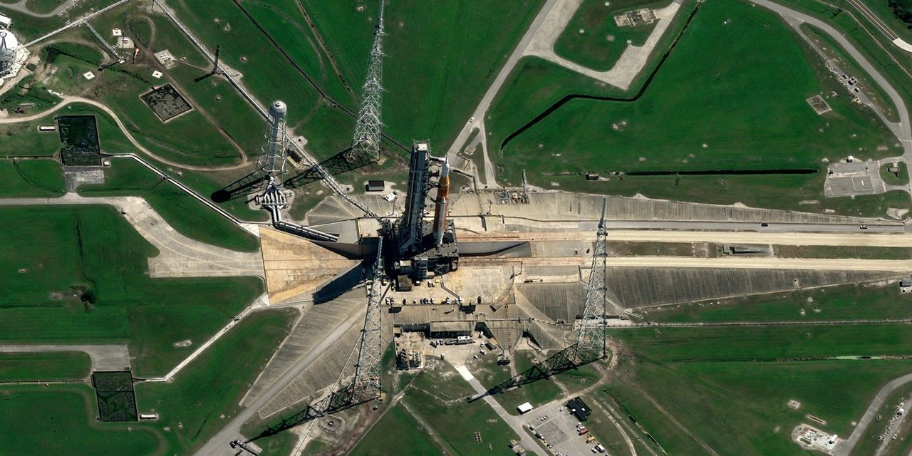NASA's Artemis 1 mission, stacked at the launch pad ready for testing, as seen from space by the Pl&eacute;iades Neo satellite, operated by the European aerospace company Airbus.