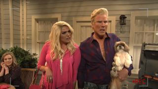 Kate McKinnon looks on while Cecily Strong and Will Ferrell make a fuss on Saturday Night Live.