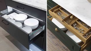 collage image of inside two kitchen drawers to show how to organize a small kitchen