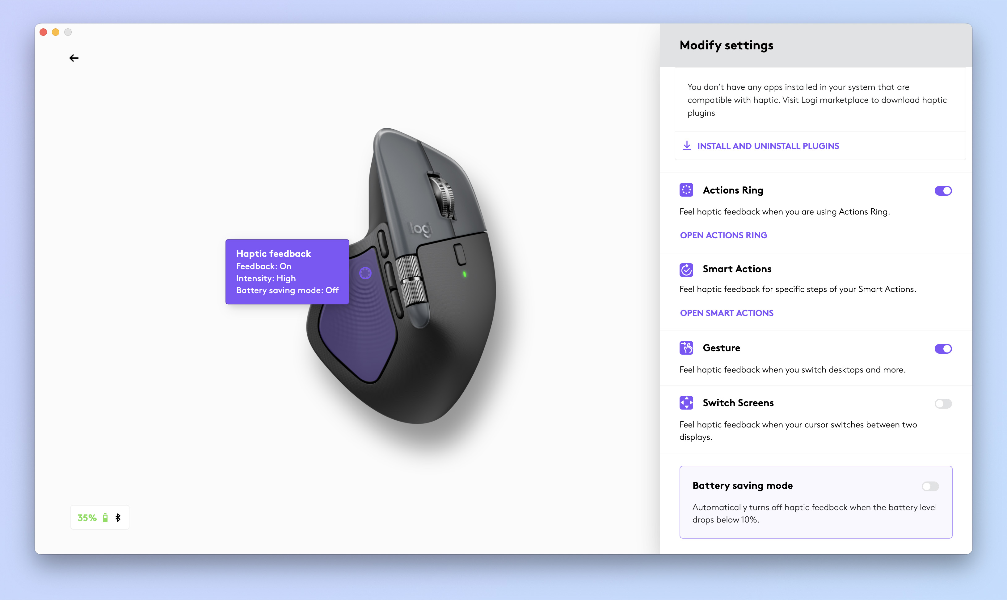 A screenshot of the Logitech Logi Options+ app being used to customize the Logitech MX Master 4