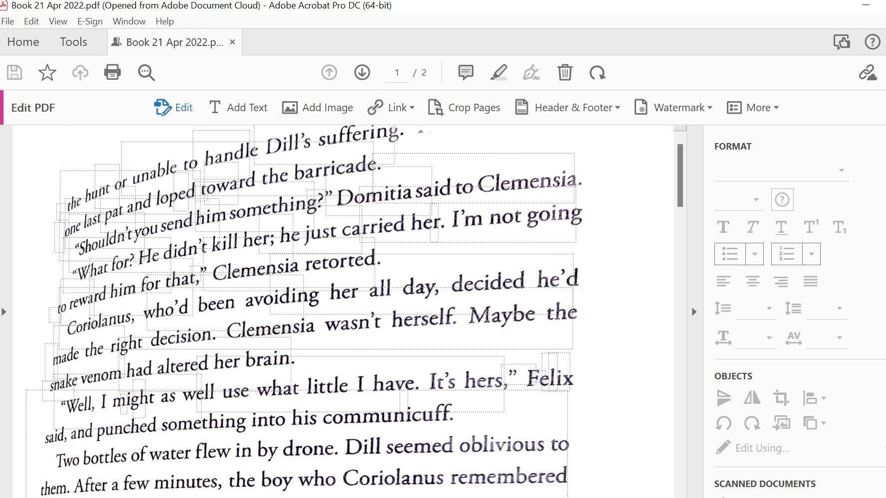 Screengrab of Adobe Acrobat Pro DC showing scan of book page