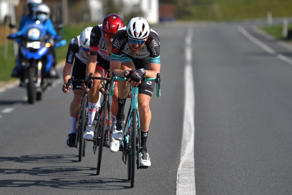WAREGEM BELGIUM MARCH 31 Victor Campenaerts of Belgium and Team Qhubeka Assos Ivo Oliveira of Portugal and UAE Team Emirates Luke Durbridge of Australia and Team BikeExchange during the 75th Dwars Door Vlaanderen 2021 Mens Elite a 1841km race from Roeselare to Waregem DDV DDV21 FlandersClassic A travers la Flandre on March 31 2021 in Waregem Belgium Photo by Luc ClaessenGetty Images
