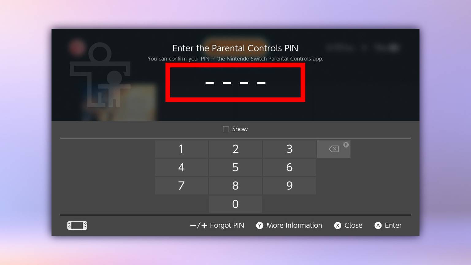 A screenshot of a PIN code being entered on a Nintendo Switch console.