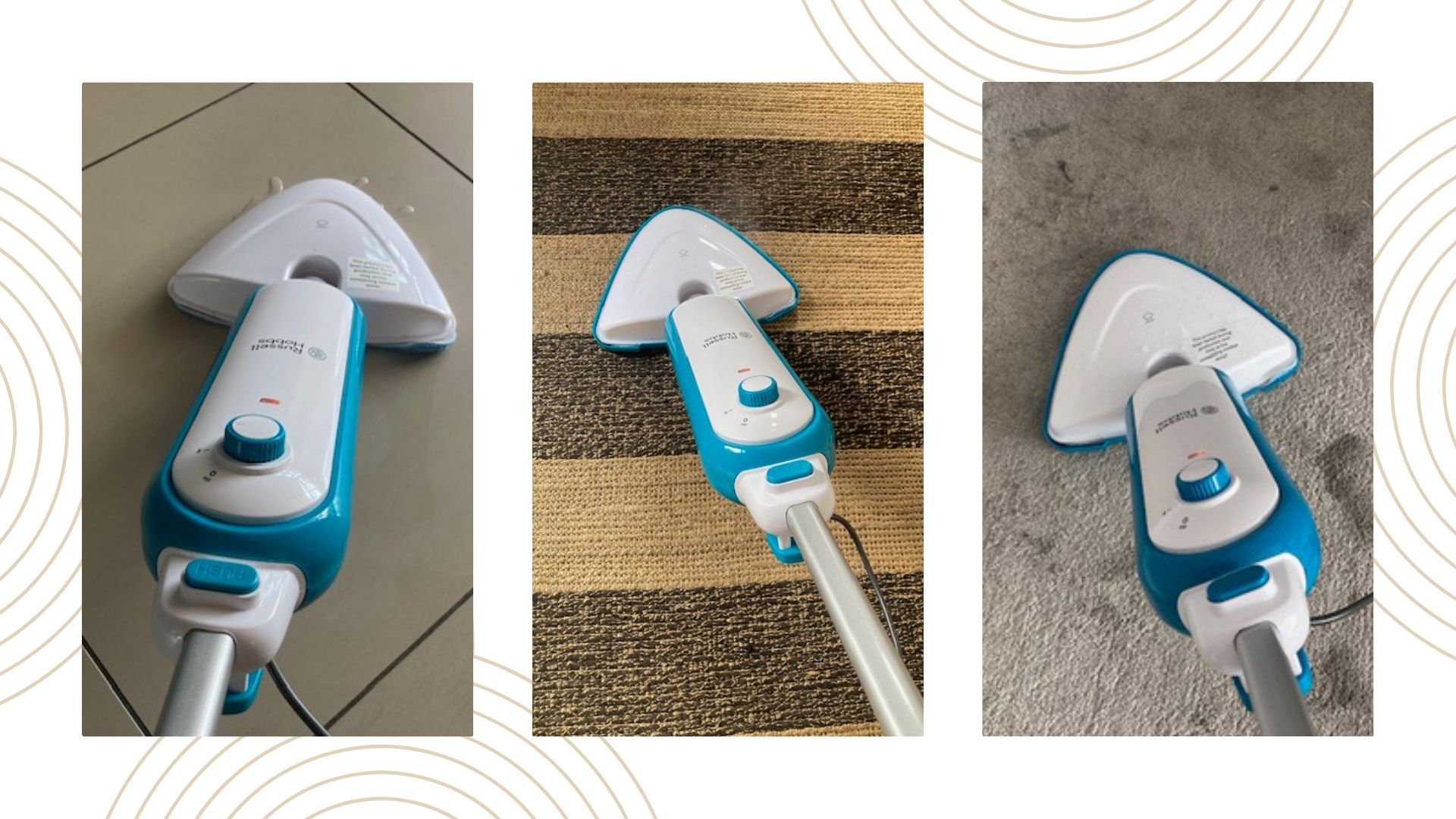 Russell Hobbs Steam and Clean Lightweight Steam Mop being used on tiles, woven floor, and carpet