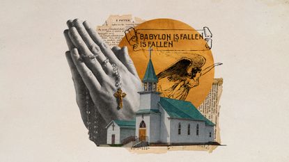 Photo collage of praying hands with a rosary, a church building in America, and old pages from the Bible
