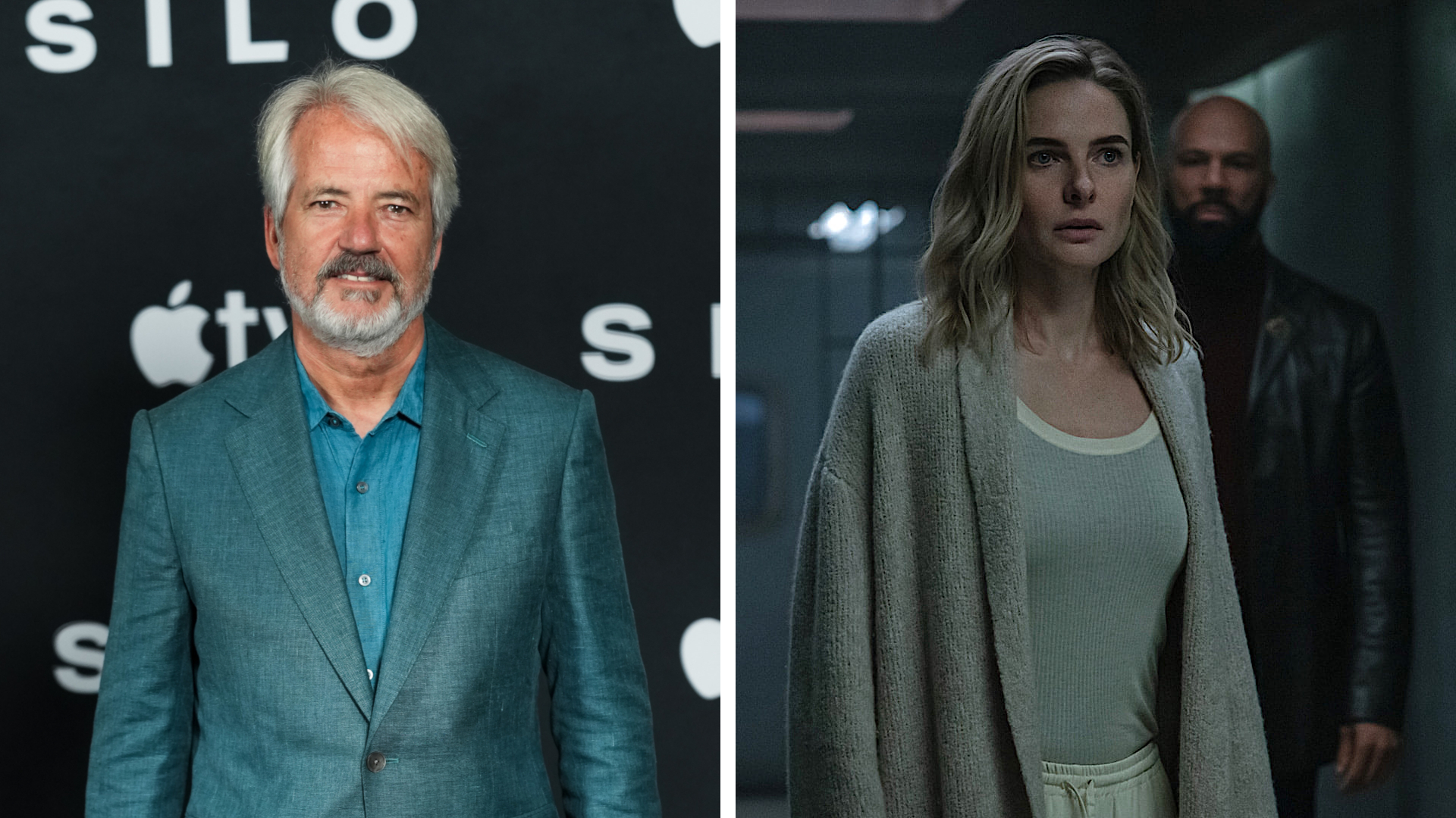 Split image showing Silo showrunner Graham Yost on the left, and Rebecca Ferguson and Common in a scene from the show on the right.