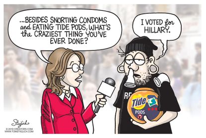 Political cartoon U.S. Tide Pod challenge condom challenge Hillary Clinton