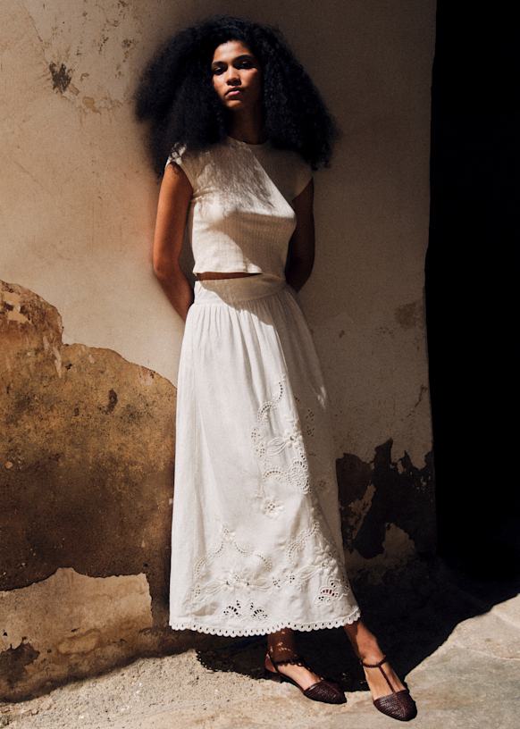 Noa Skirt - Placed Ecru Embroidery - Viscose - S&amp;eacute;zane