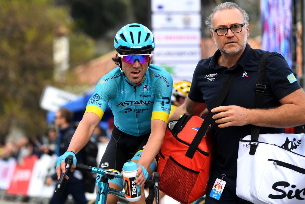 GRAZALEMA SPAIN FEBRUARY 19 Arrival Ion Izagirre of Spain and Astana Pro Team Soigneur Tacx bottle Refreshment during the 66th Vuelta a Andaluca Ruta del Sol 2020 Stage 1 a 1738km stage from Alhaurn de la Torre to Grazalema 911m VCANDALUCIA UCIProSeries on February 19 2020 in Grazalema Spain Photo by David RamosGetty Images
